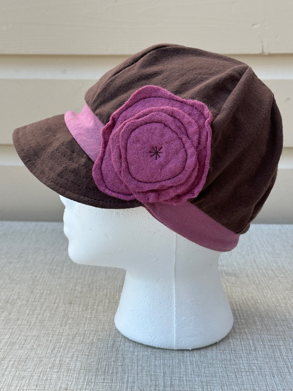 Brown & pink organic cotton blend stretch baseball style cap hat + flower accent